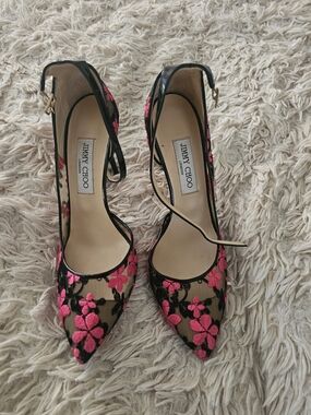 Jimmy Choo Pink Floral Lace Pointed-Toe Pumps